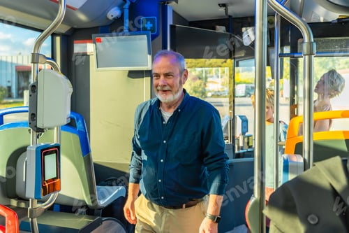 Preview: Senior man riding urban bus connecting people