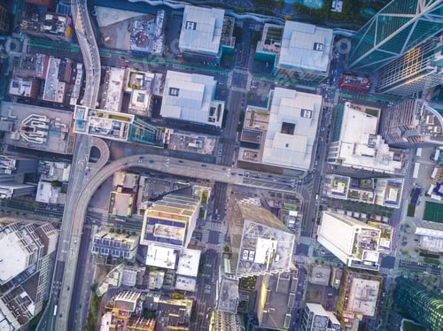 Preview: Aerial top-down cityscape view over downtown San Francisco with freeway roads