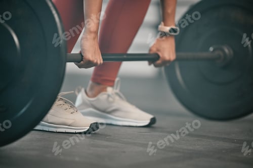 Preview: Gym, barbell exercise and woman hands doing muscle fitness performance for body health, strength tr