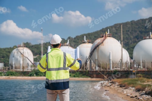 Preview: Back view of a male engineer holding a blueprint and pointing at industrial storage tanks.
