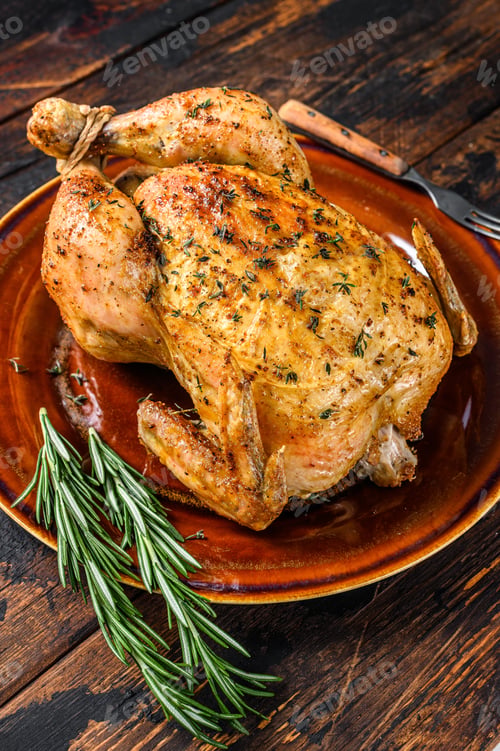 Preview: Delicious baked chicken on wooden table. Dark background. Top view
