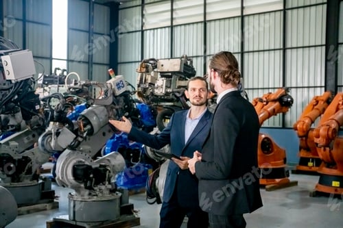 Preview: Businessman pointing toward machinery while walking by coworker at industry