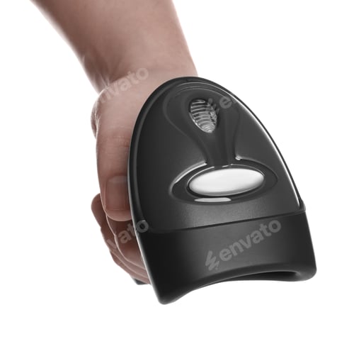 Preview: Man with barcode scanner on white background, closeup