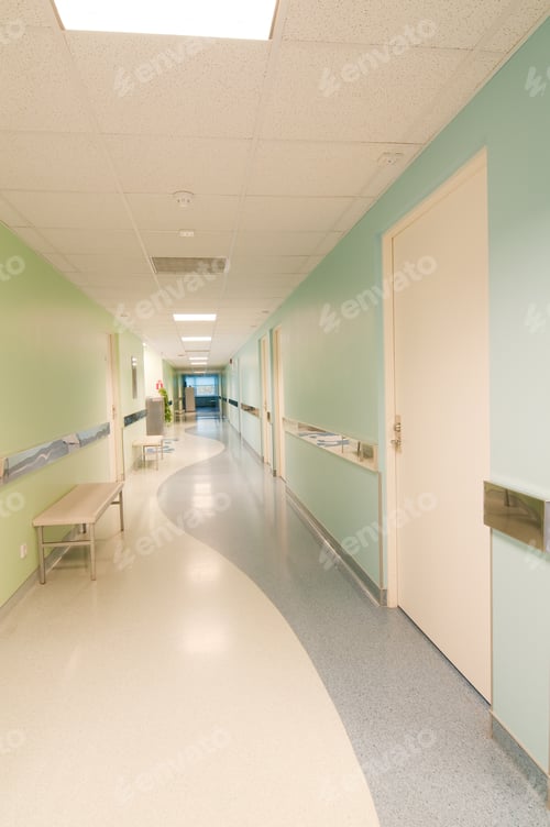 Preview: Long corridor in hospital with doors