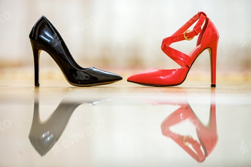 Preview: Two fashionable comfortable high heel leather female shoes, red and black