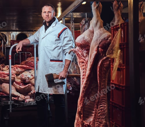 Preview: A butcher in a meat factory.