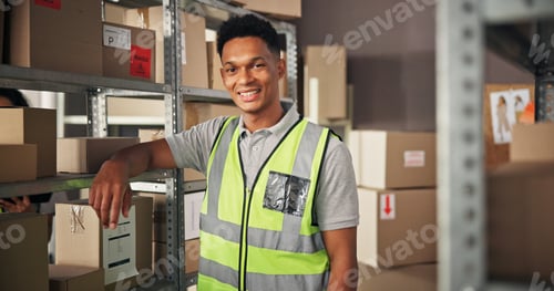 Preview: Supply chain, man and smile with portrait for delivery, distribution or quality control for ecommer
