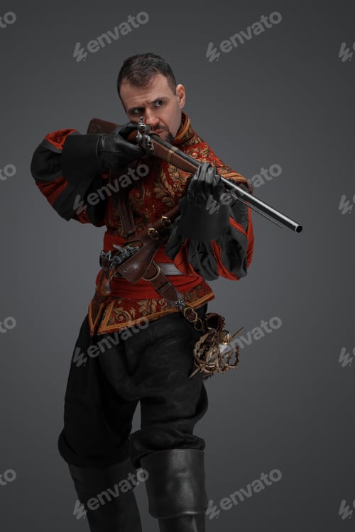 Preview: Musketeer gunslinger aiming flintlock rifle against grey background