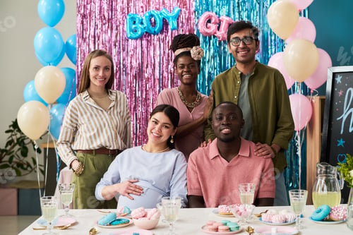 Preview: Multiethnic Young Adults and Pregnant Woman Celebrating Gender Reveal Party