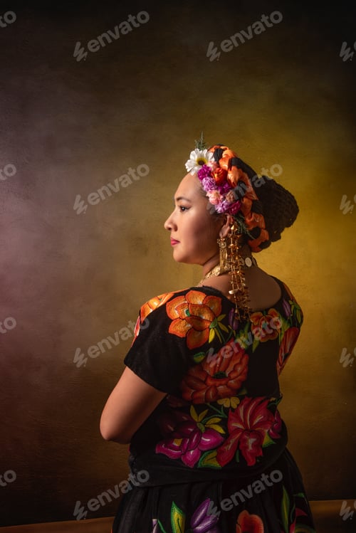 Preview: A woman wearing a flowery dress and a flower headband