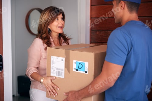Preview: Mature Woman Receiving Package Delivered By Courier To Home