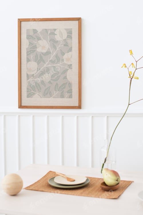 Preview: Wooden photo frame mockup hanging on a white wall