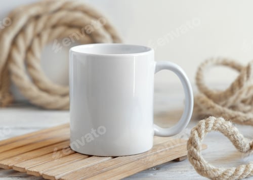 Preview: White ceramic coffee mug on wood against rustic jute ropes close up, nautical mockup