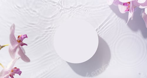 Preview: Podium or pedestal of water ripples and orchids top view. Summer cosmetic template
