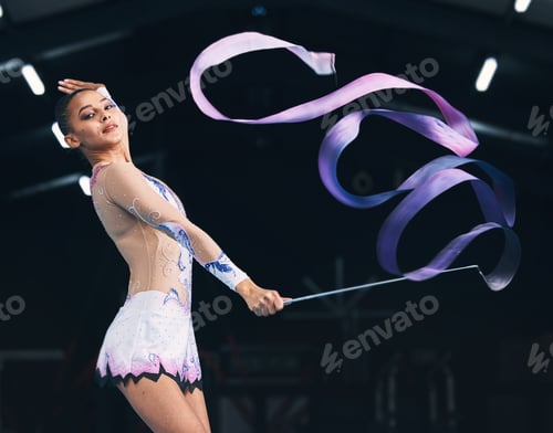 Preview: Portrait ribbon and woman gymnast with fitness, performance art and training. Gymnastics, dancing a