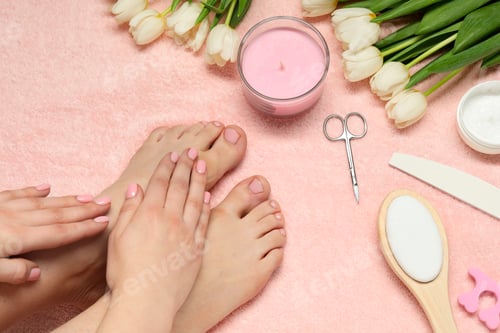 Preview: Closeup of woman with neat toenails after pedicure procedure on pink terry towel, top view
