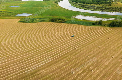 Preview: Aerial View Tractor Collects Dry Grass In Straw Bales In Wheat Field. Special Agricultural Equipment