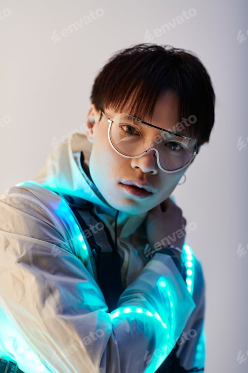 Preview: Stylish young Asian man with glowing accessories in modern urban setting