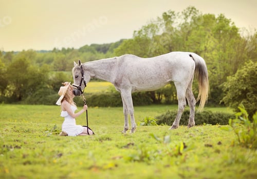Woman Kneeling with Horse in Sunny Field