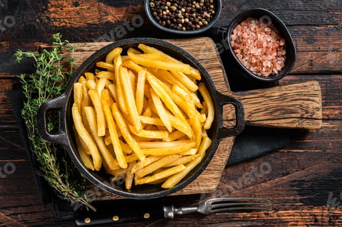 Preview: Skilet full of Potato french fries with salt. Wooden background. Top view