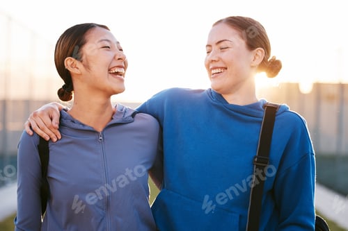 Preview: Exercise, women and friends outdoor, hug and training for workout, fitness and sports for wellness,