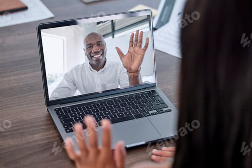 Preview: Business people wave hello on laptop screen, video call and online meeting with employee in company
