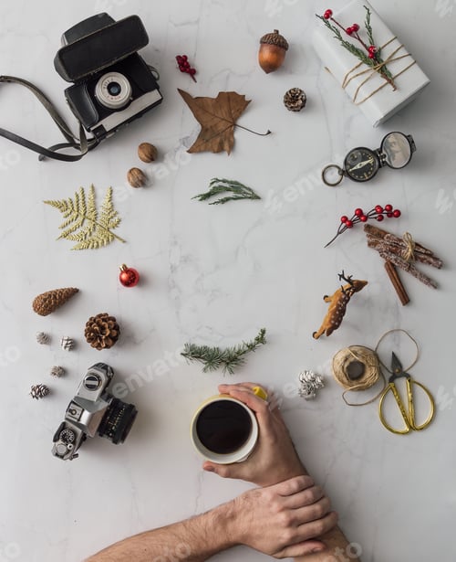 Preview: Creative mock up layout made of hipster christmas decoration. Flat lay. Holiday concept.