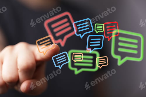 Preview: Hand pointing to colorful digital message symbols with a finger