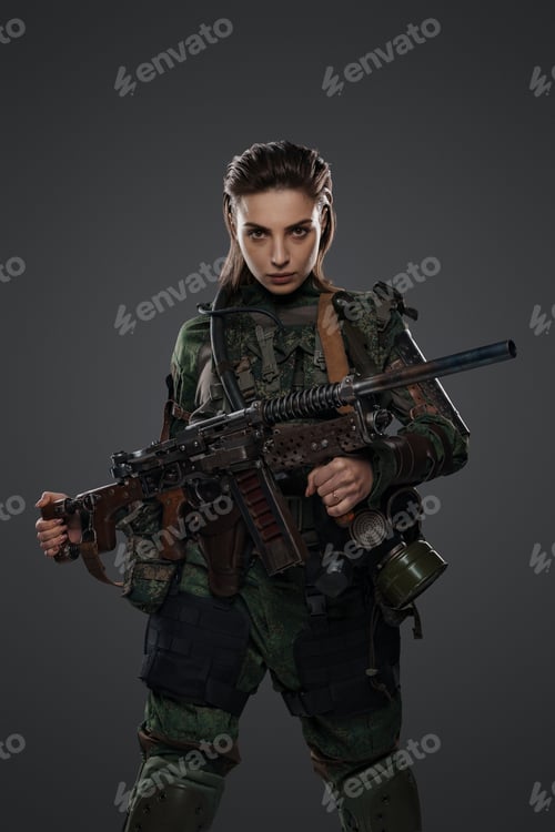 Preview: Portrait of a female soldier holding a homemade automatic rifle