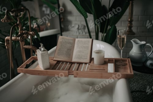 Preview: Luxury interior of eco style modern bathroom with oval bathtub and book on bamboo wood tray