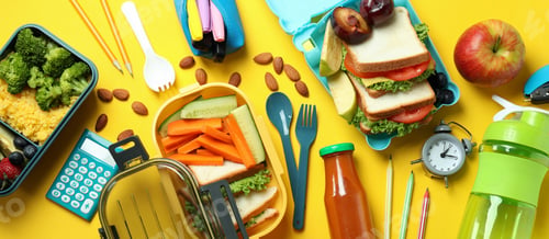 Preview: Concept of tasty eating with lunch boxes on yellow background