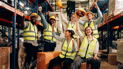 Preview: Professional warehouse worker team celebrating success in warehouse factory