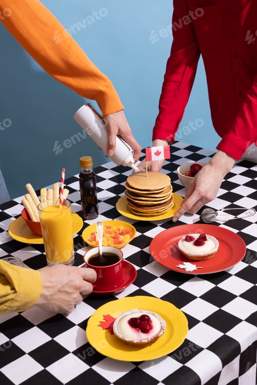 Preview: Canada Day traditional food concept. A girl in a classy cafe eats in Canada. Breakfast and lunch.