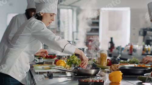 Preview: Female cook making professional culinary dish in frying pan
