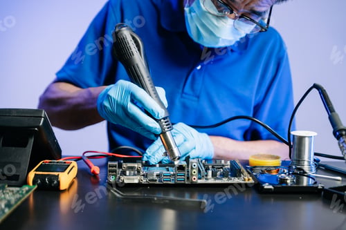 Preview: Technician in gloves performs precise soldering on circuit board using hot air gun.