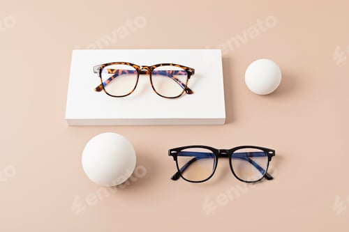 Preview: Stylish eyeglasses. Optical store, glasses selection at optician, fashion