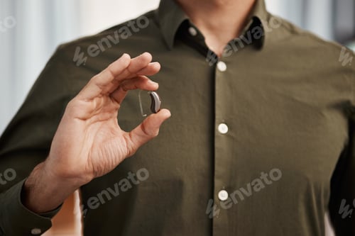 Preview: Hearing aid, business man with disability and hands show communication implant for support, listeni