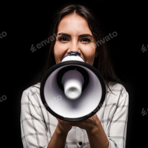 Preview: happy woman holding megaphone isolated on black