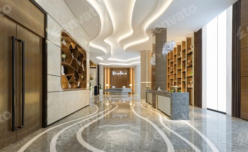Preview: luxury hotel reception hall and office with decor shelf