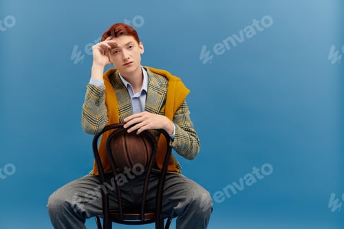Preview: Young student with red hair showcases winter fashion in a stylish studio setting