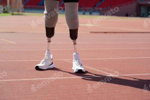 Preview: Asian para-athletes with prosthetic blades sprint on a running track at stadium.