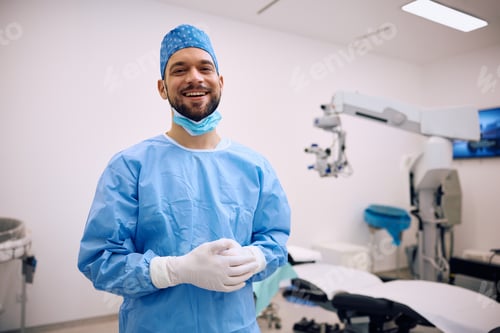 Preview: Happy eye surgeon working at ophthalmology clinic and looking at camera.