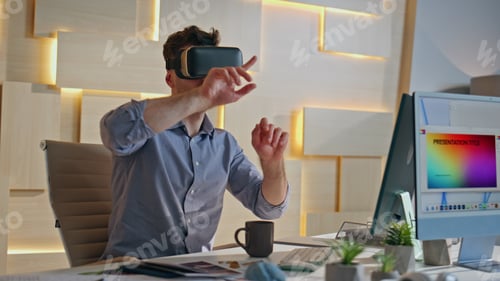 Preview: Businessman working virtual reality glasses at office closeup. Man swiping
