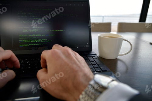 Preview: Professional point of view computer typing with coffee