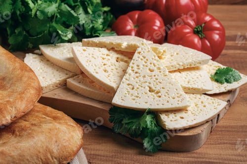 Preview: Georgian sliced cheese,on a wooden chopping board, with tomatoes with herbs and lavash,