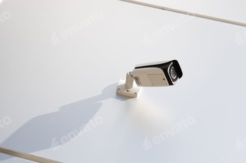 Preview: Bottom view of high-tech white video monitoring camera on smooth white wall