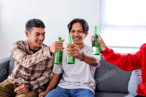 Preview: Friends Enjoying Drinks and Toasting Together on Couch