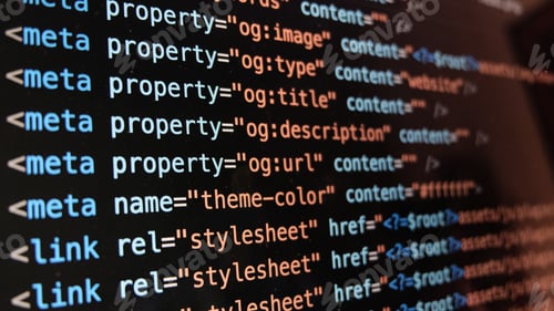 Preview: Screen of web developing code on dark background.