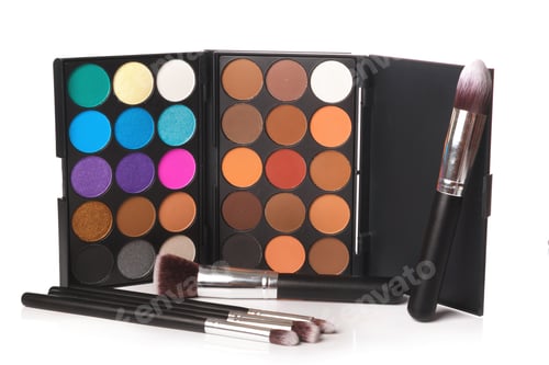 Preview: Eyeshadow palette and brushes on white background