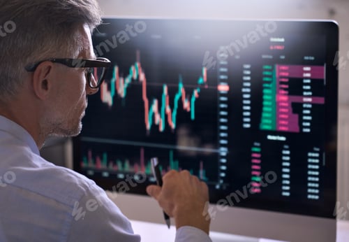 Preview: Crypto trader investor using computer analyzing cryptocurrency stock market.